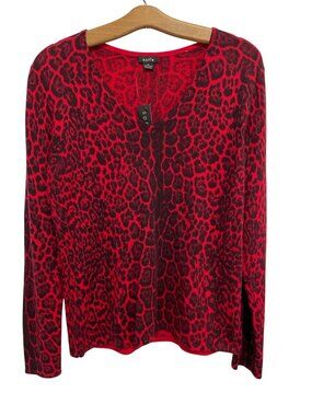 Sofie By Sofia Cashmere Sweater Size XL Leopard V Neck Long Sleeve Pullover NEW